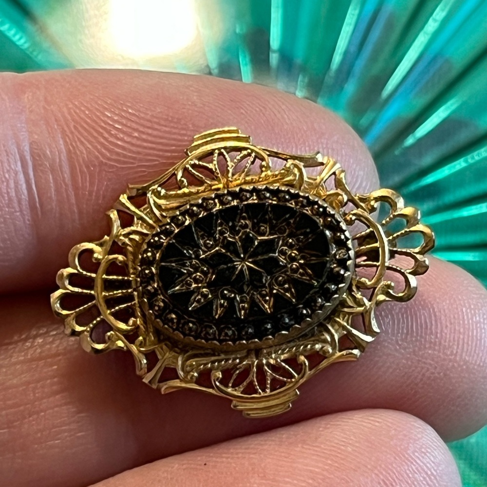 Vintage Victorian Mourning Jewelry Black Glass Gold Filled Filigree Brooch Pin